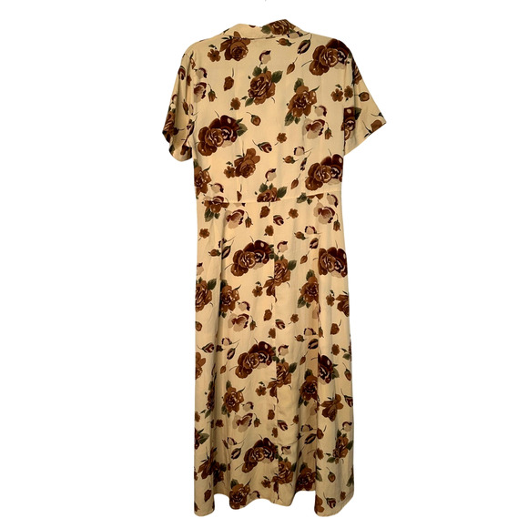 NY&CO Vintage 10 Silk Floral Button Front Midi Dress Short Sleeve Brown Tan EC! - Picture 3 of 5